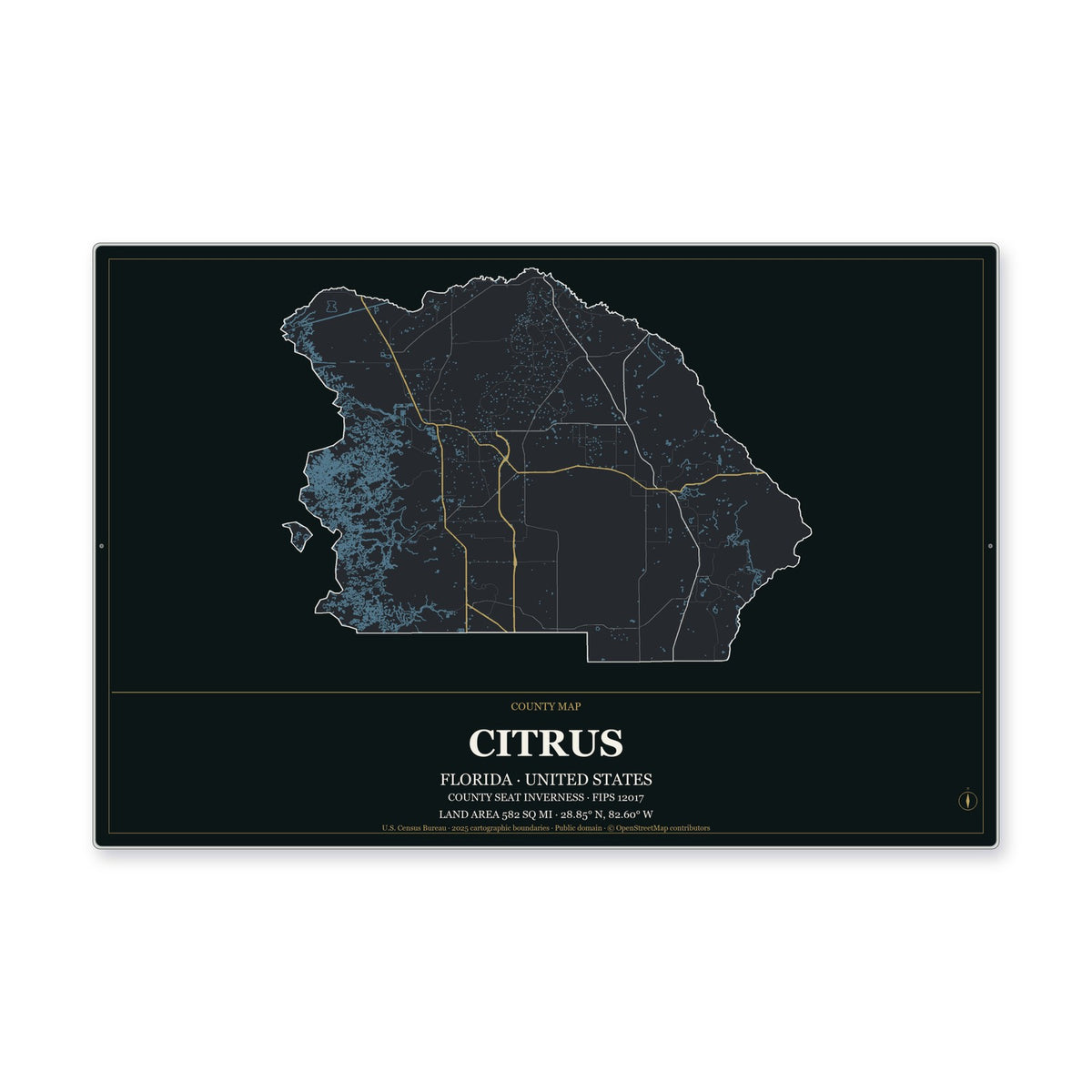 Citrus County, Florida Map Aluminum Sign in Metropolitan Noir style