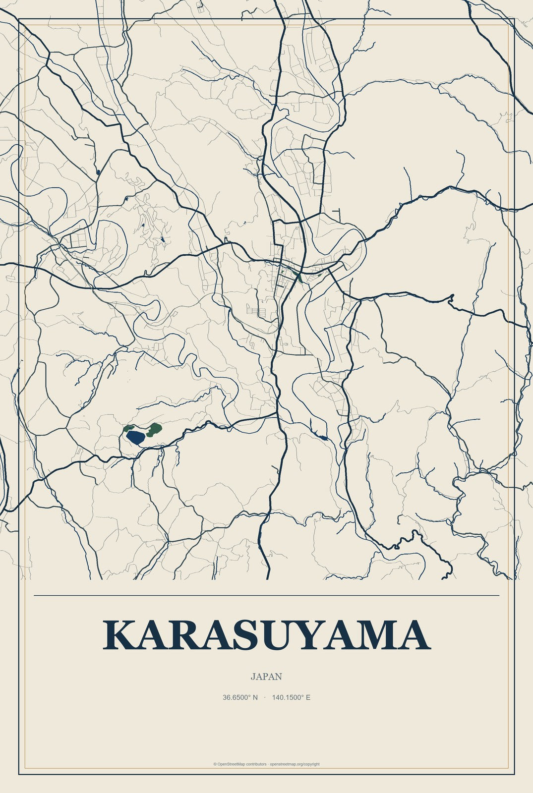 Karasuyama, Japan City Map Aluminum Sign in Coastal Cutout style
