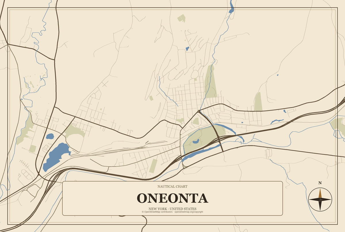 Oneonta, New York City Map Aluminum Sign in Heritage Nautical style