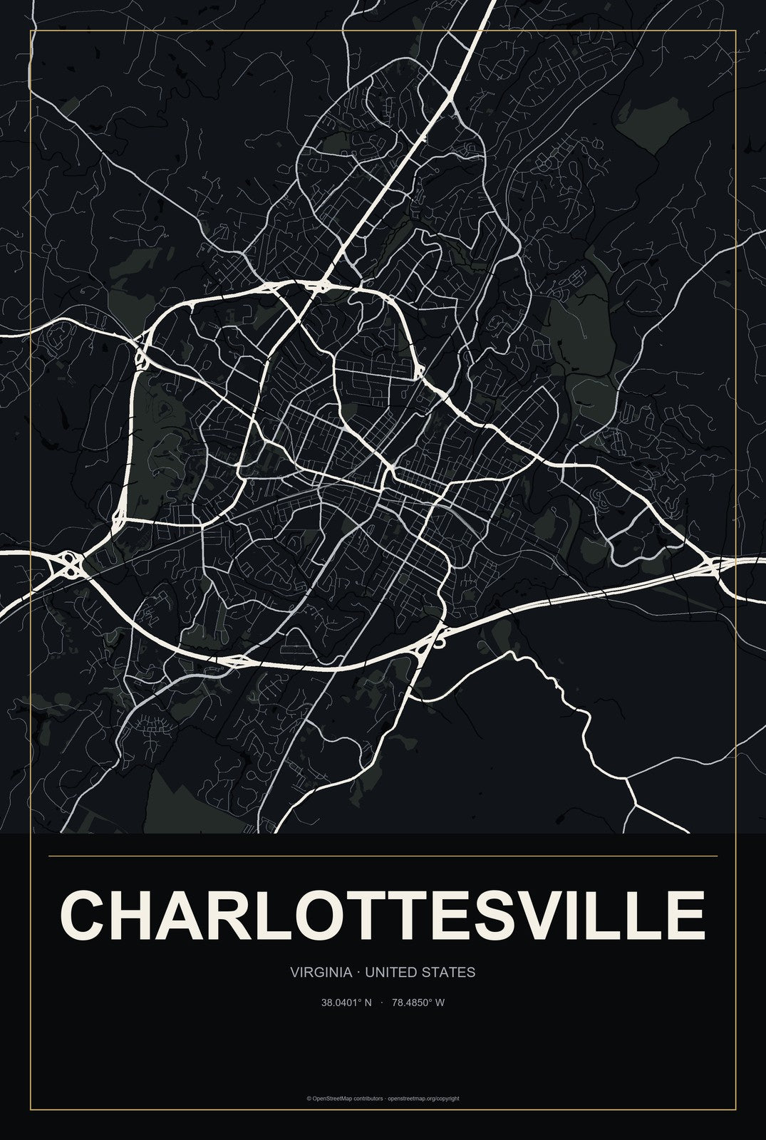 Charlottesville, Virginia City Map Aluminum Sign in Metropolitan Noir style