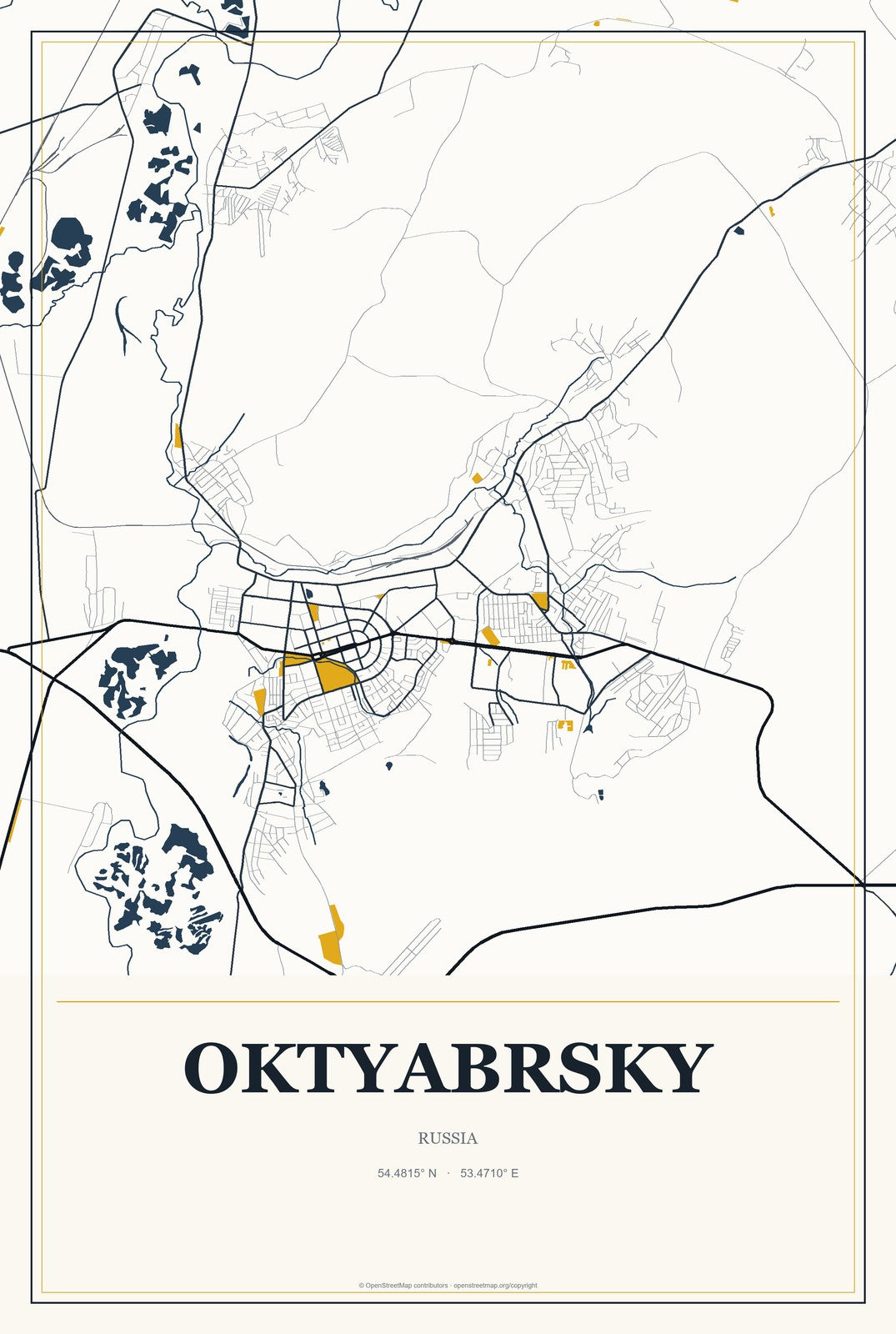 Oktyabrsky, Russia City Map Aluminum Sign in Citrine Modern style