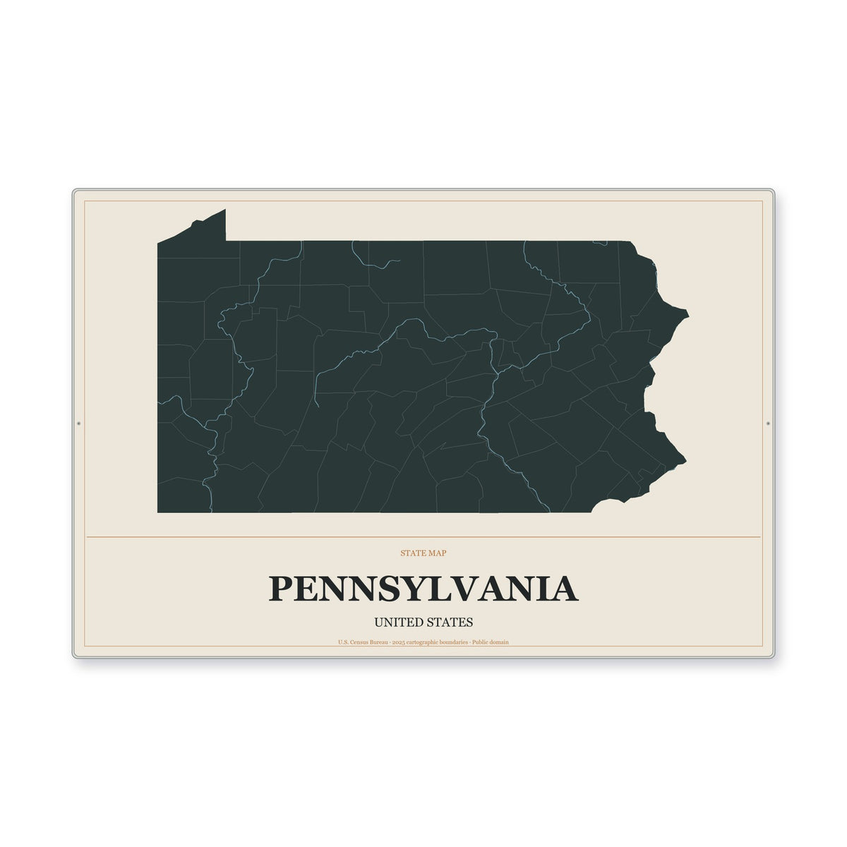 Pennsylvania state map aluminum sign in Headline Atlas style