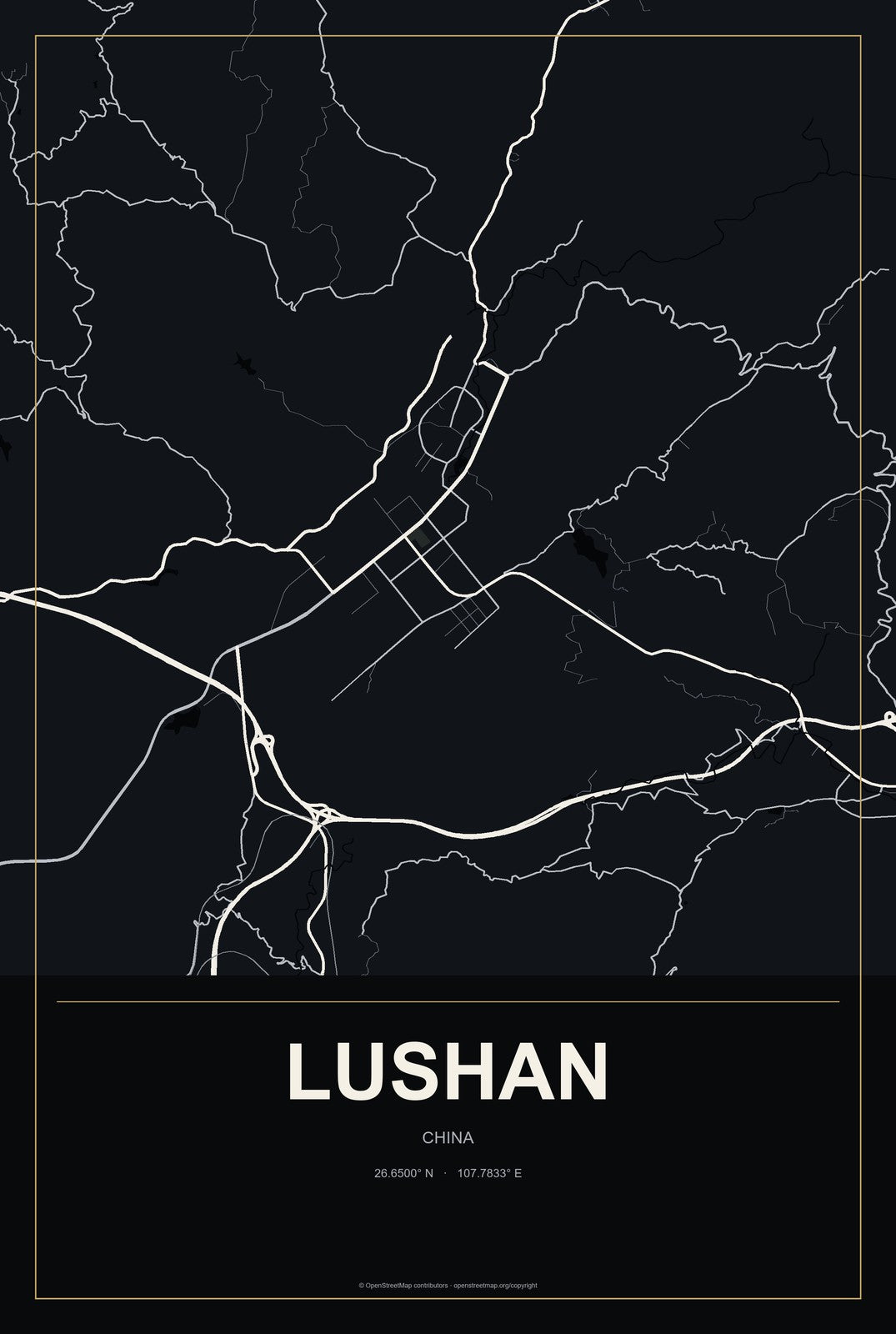 Lushan, China City Map Aluminum Sign in Metropolitan Noir style