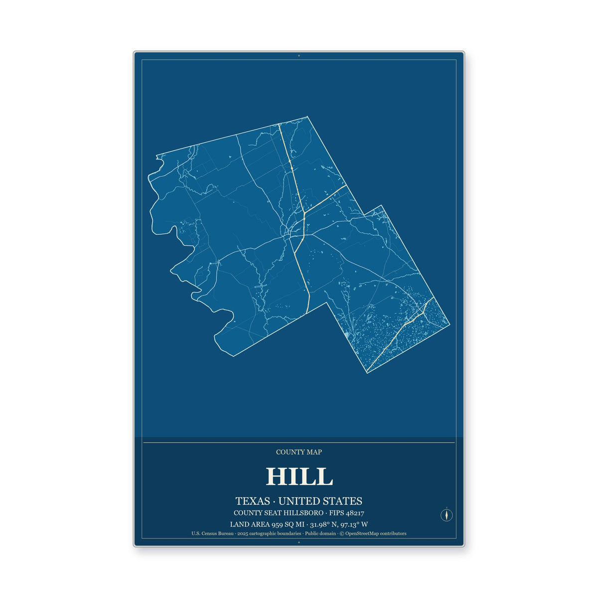Hill County, Texas Map Aluminum Sign in Harbor Cobalt style