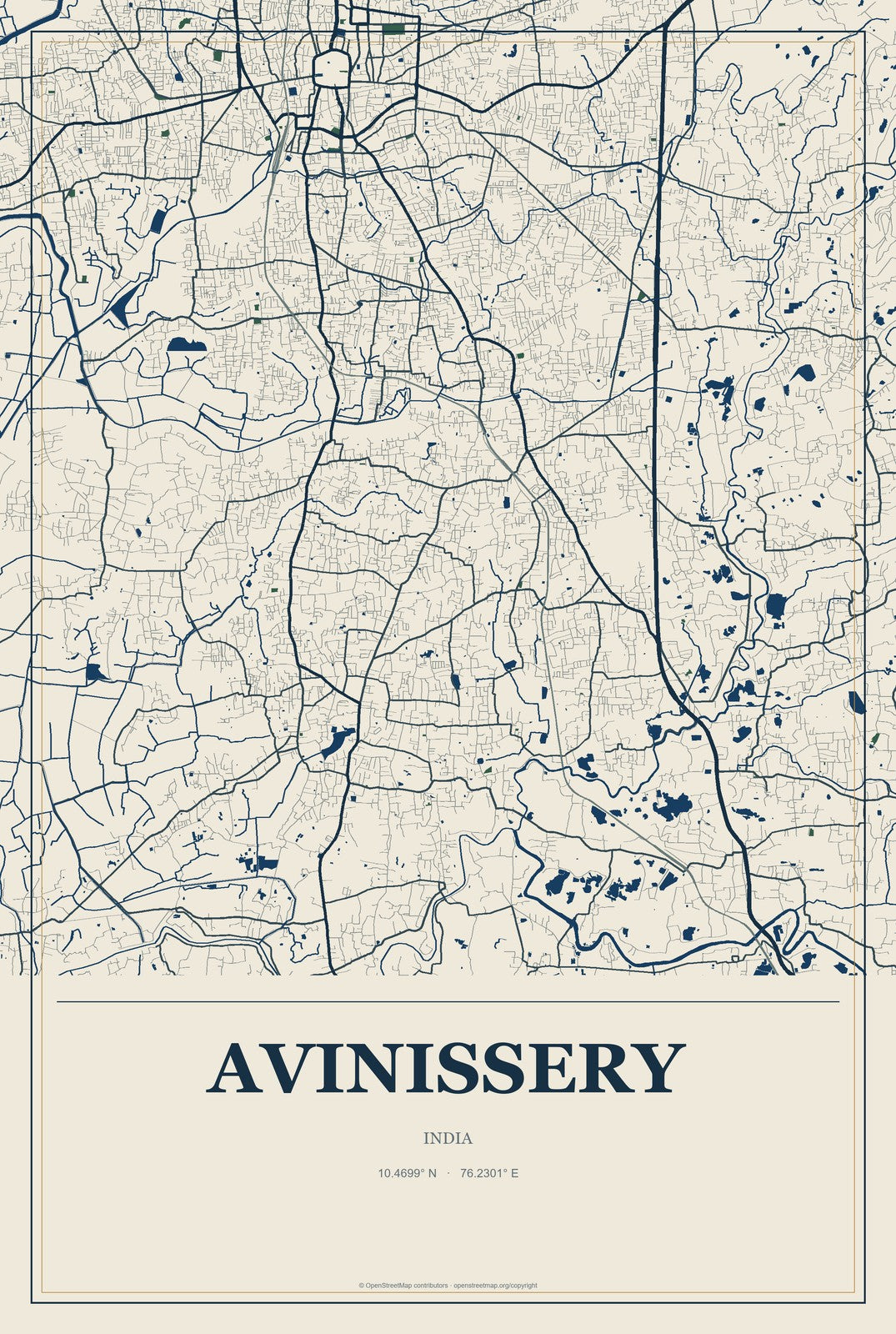 Avinissery, India City Map Aluminum Sign in Coastal Cutout style