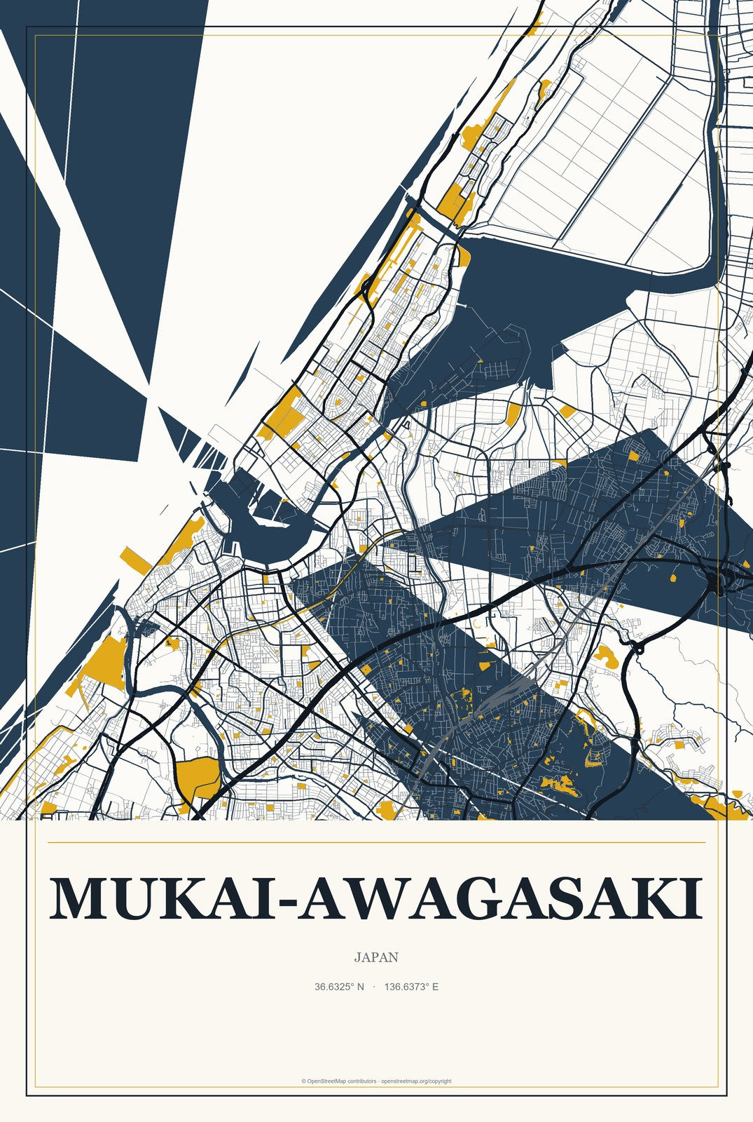Mukai-awagasaki, Japan City Map Aluminum Sign in Citrine Modern style