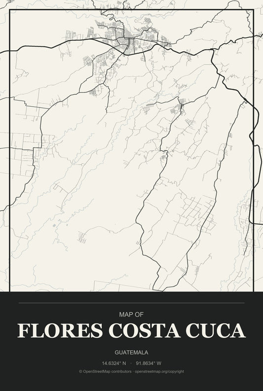 Flores Costa Cuca, Guatemala City Map Aluminum Sign in Museum Plaque style