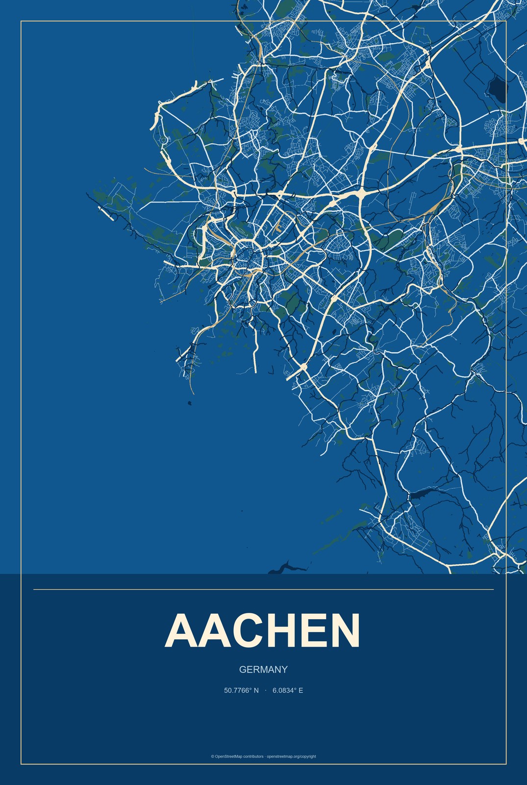 Aachen, Germany City Map Aluminum Sign in Harbor Cobalt style