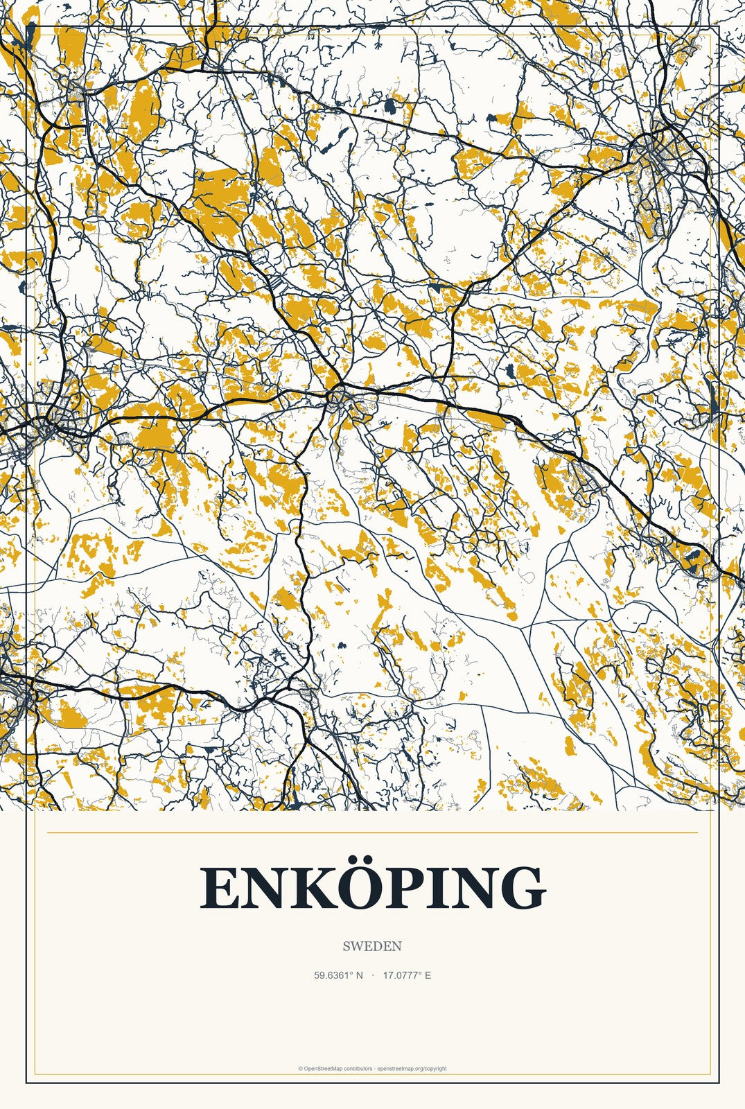 Enköping, Sweden City Map Aluminum Sign in Citrine Modern style