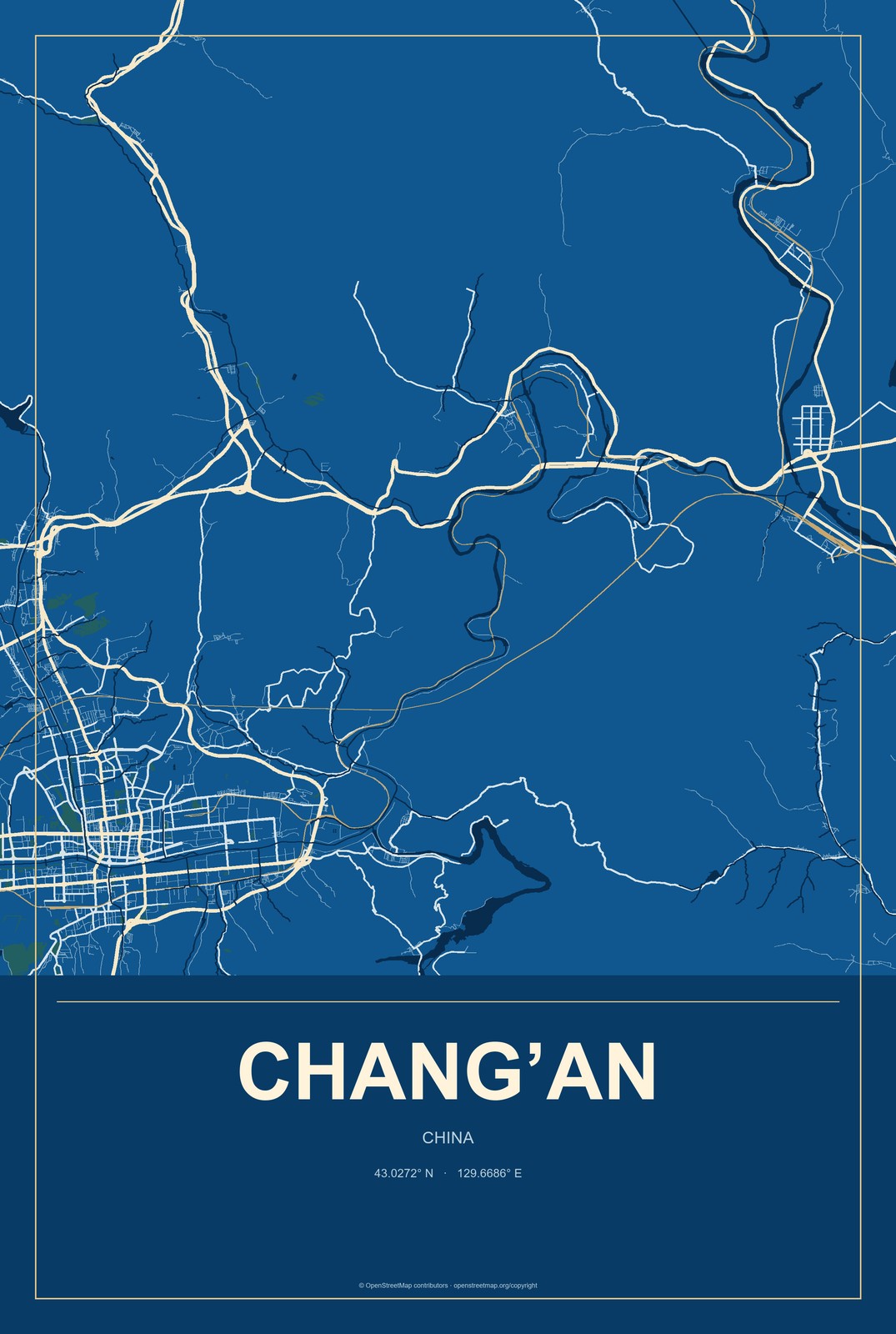 Chang’an, Chongqing, China City Map Aluminum Sign in Harbor Cobalt style