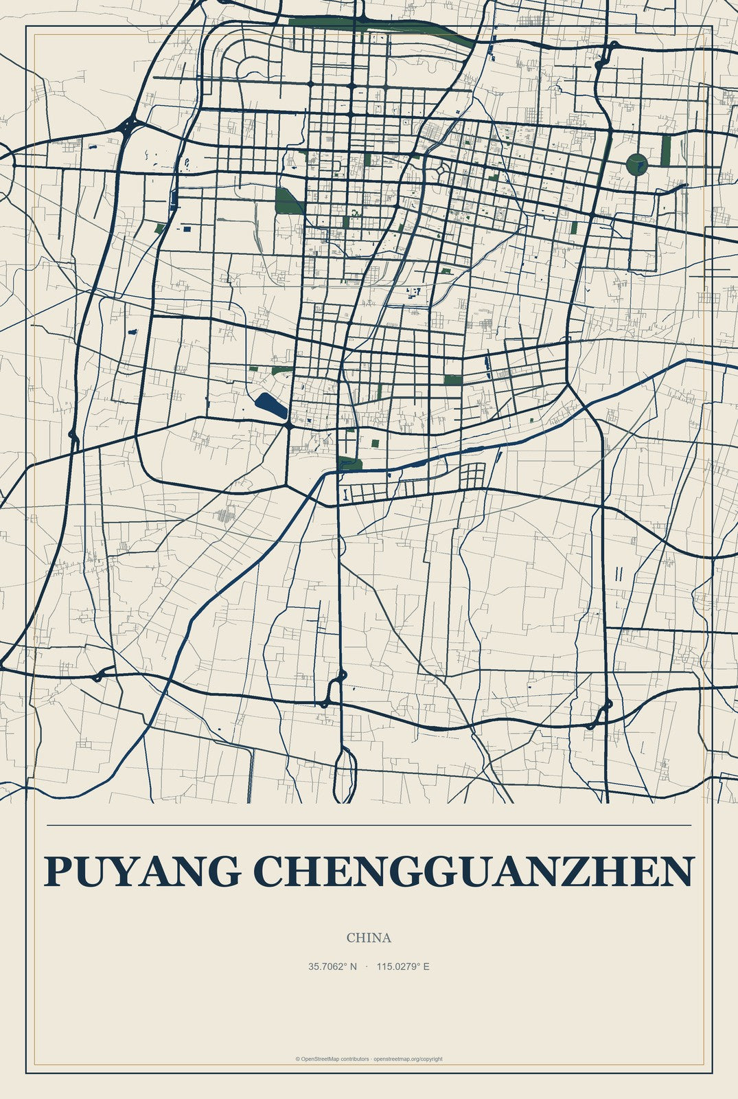 Puyang Chengguanzhen, China City Map Aluminum Sign in Coastal Cutout style
