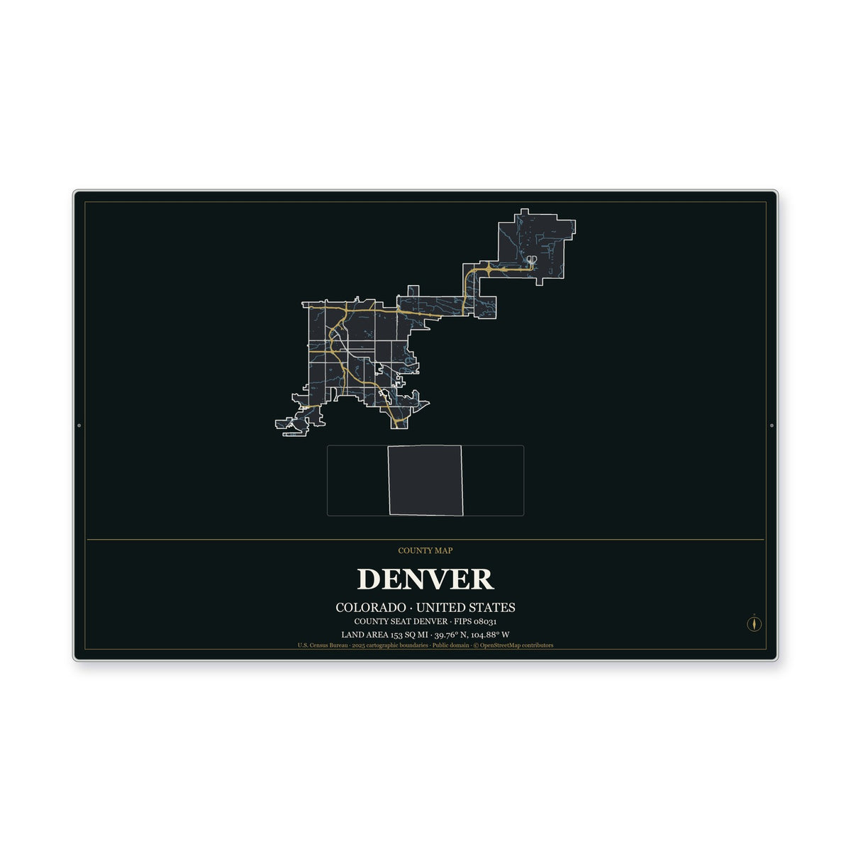 Denver County, Colorado Map Aluminum Sign in Metropolitan Noir style