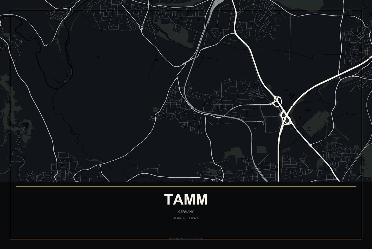 Tamm, Germany City Map Aluminum Sign in Metropolitan Noir style