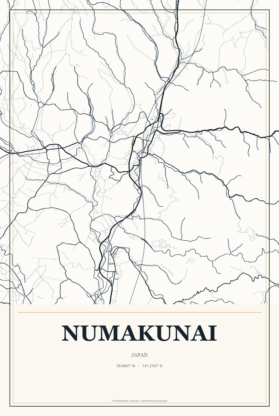 Numakunai, Japan City Map Aluminum Sign in Citrine Modern style