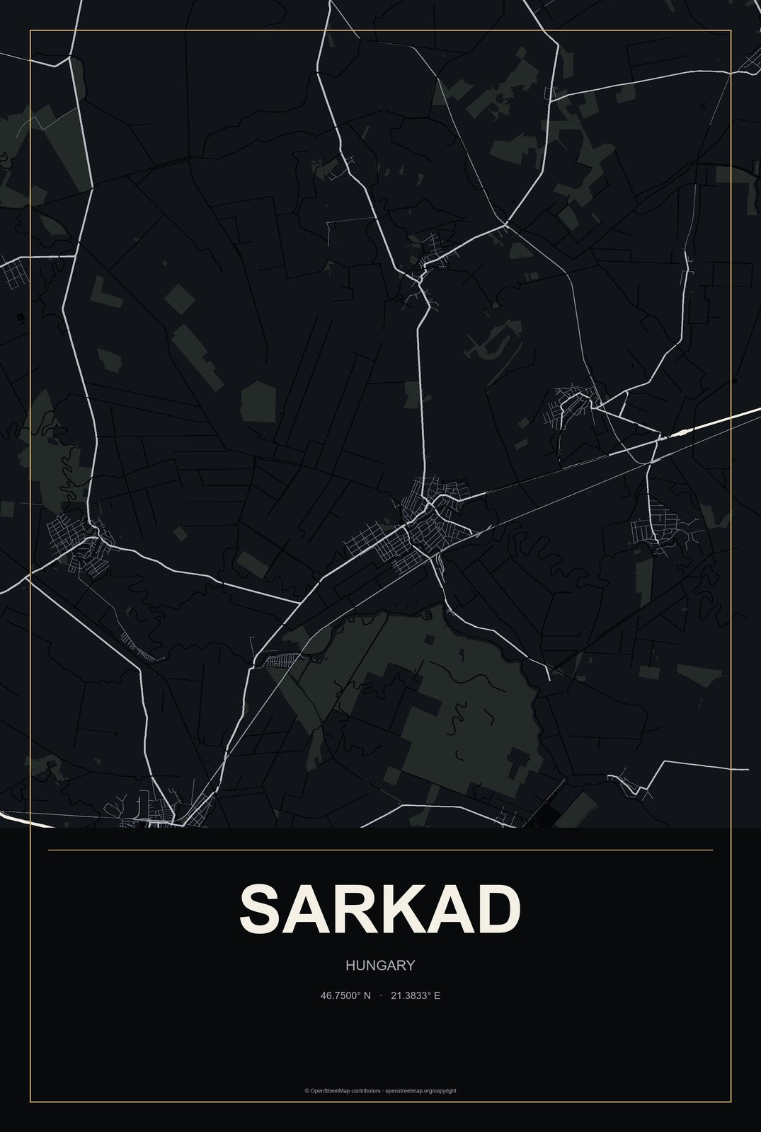 Sarkad, Hungary City Map Aluminum Sign in Metropolitan Noir style