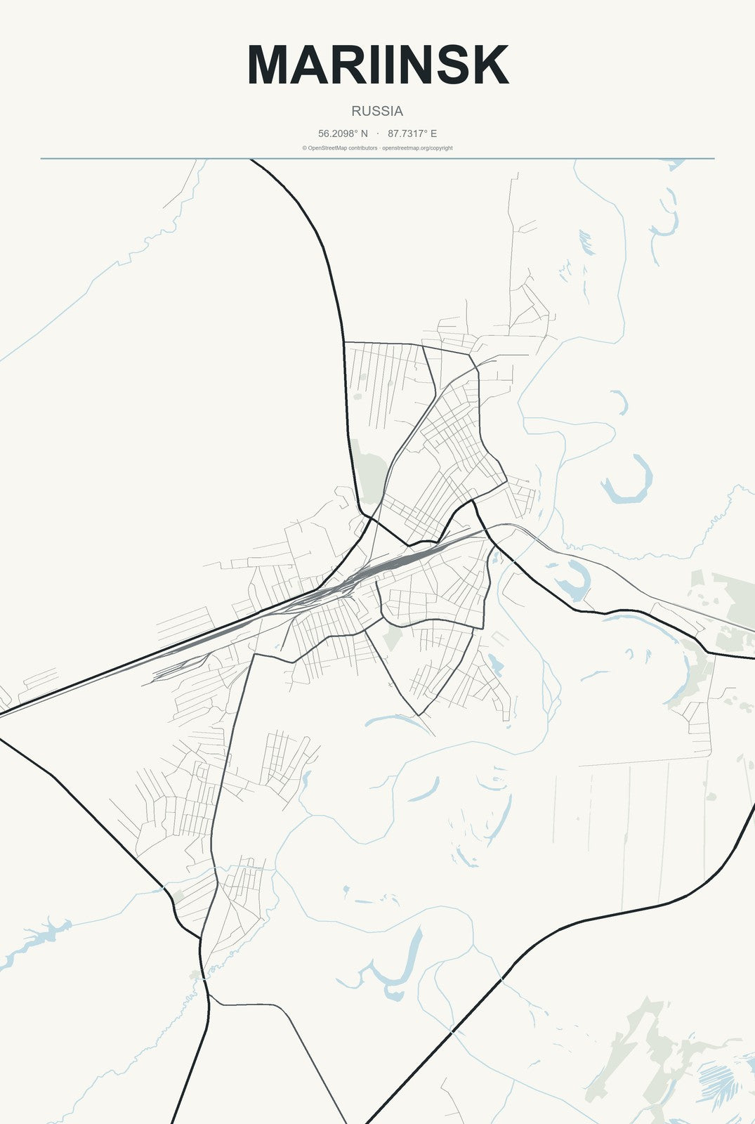 Mariinsk, Russia City Map Aluminum Sign in Headline Atlas style