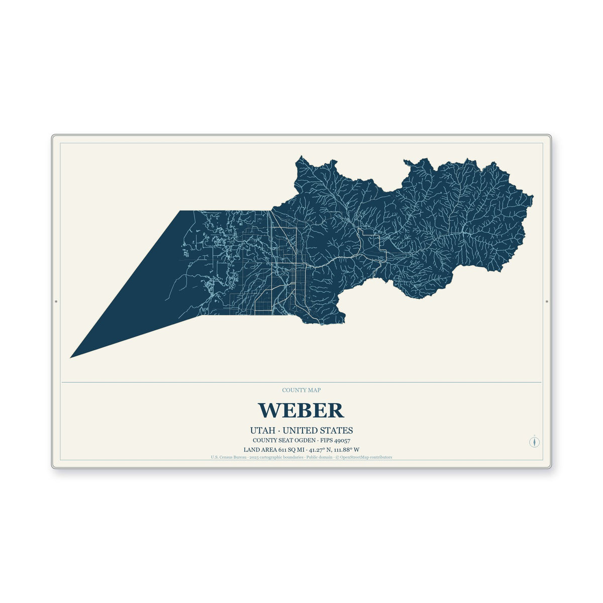 Weber County, Utah Map Aluminum Sign in Coastal Cutout style