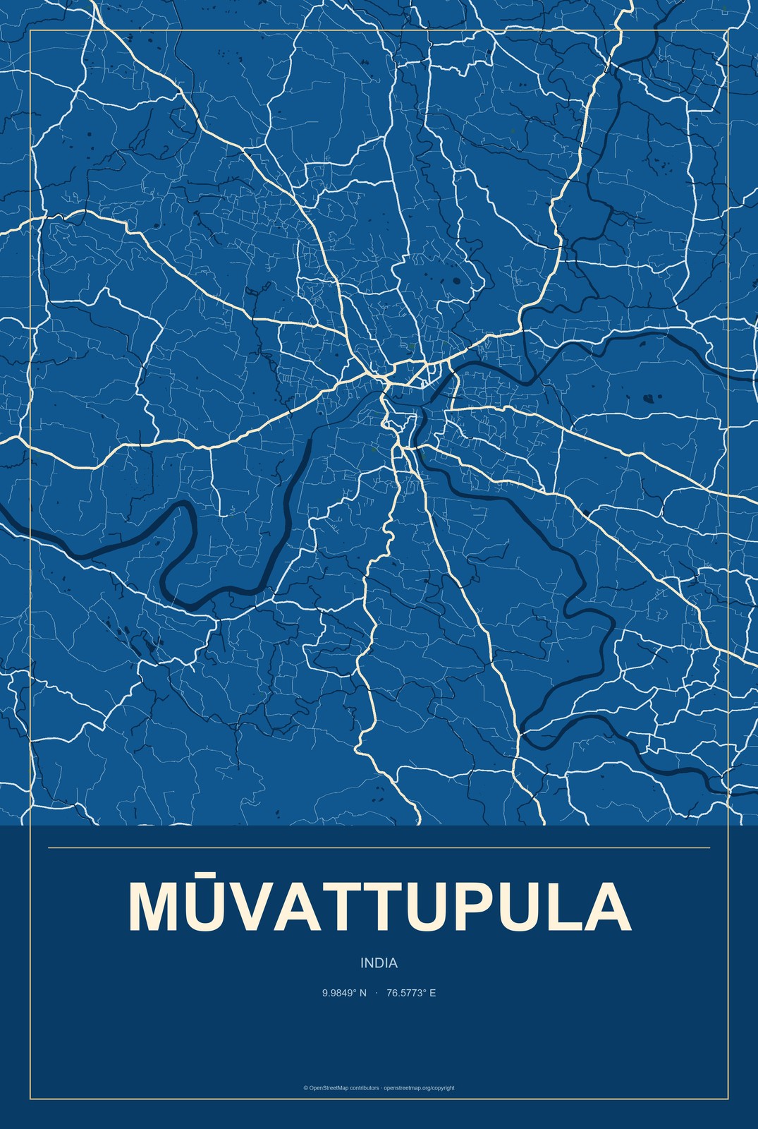 Mūvattupula, India City Map Aluminum Sign in Harbor Cobalt style