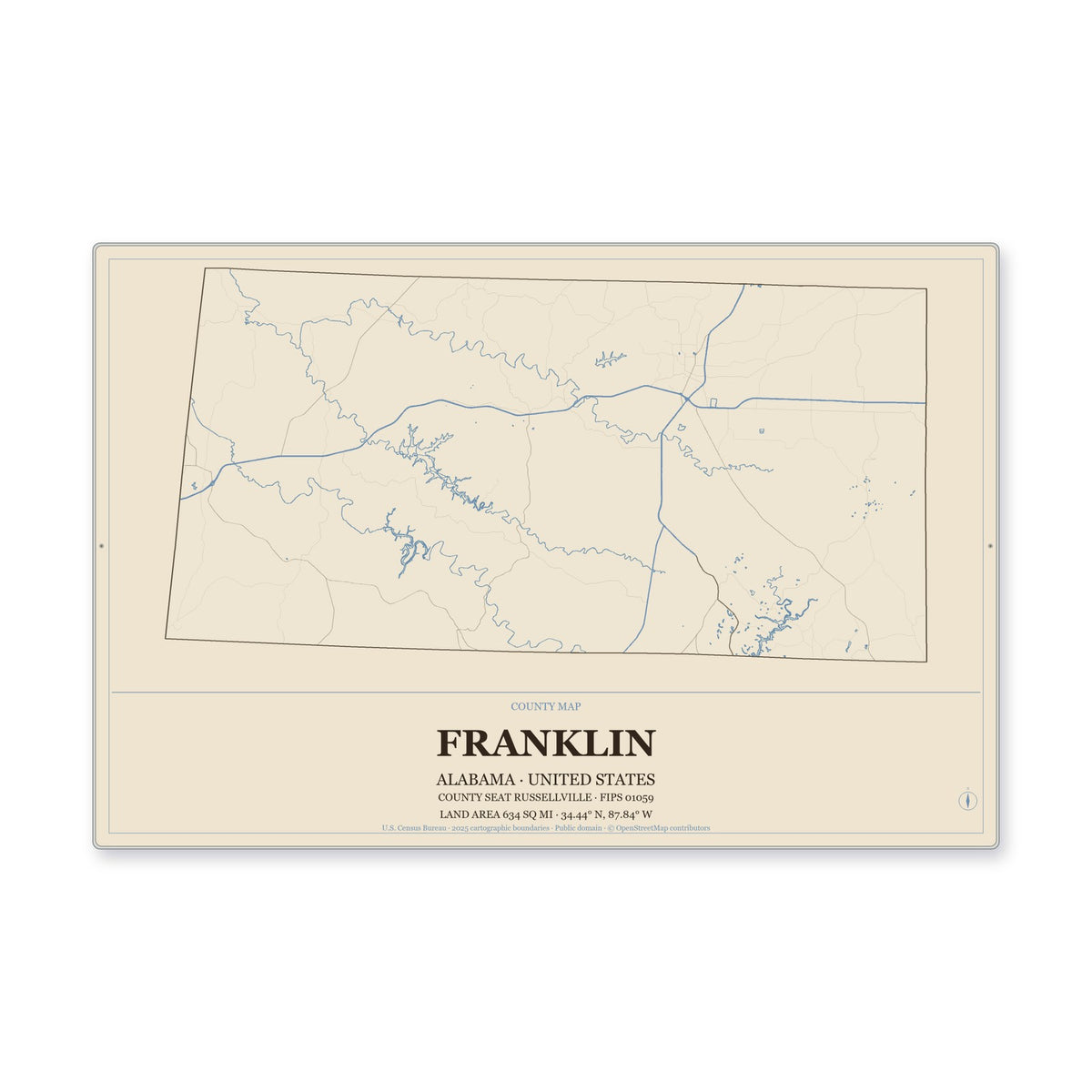Franklin County, Alabama Map Aluminum Sign in Heritage Nautical style