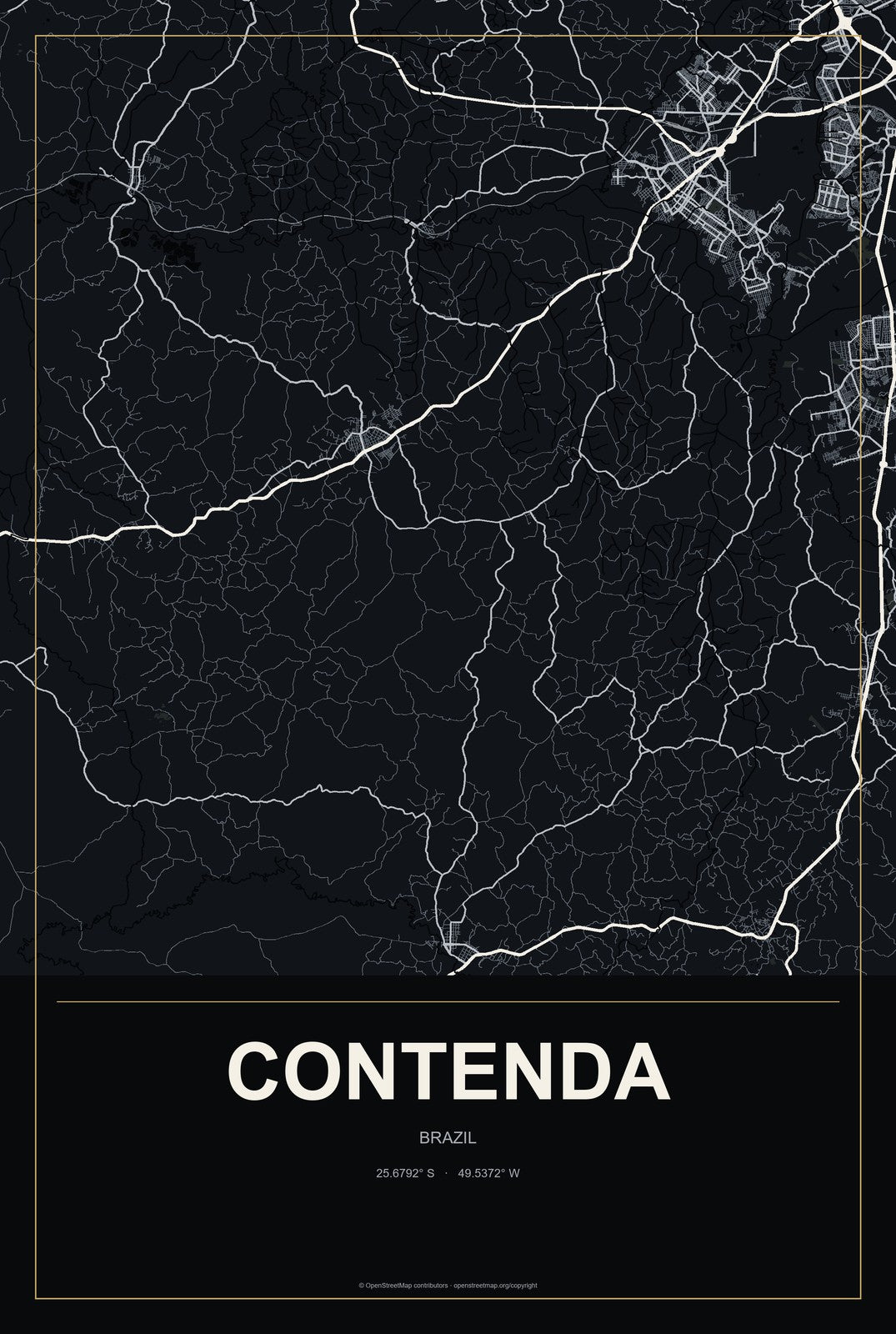 Contenda, Brazil City Map Aluminum Sign in Metropolitan Noir style