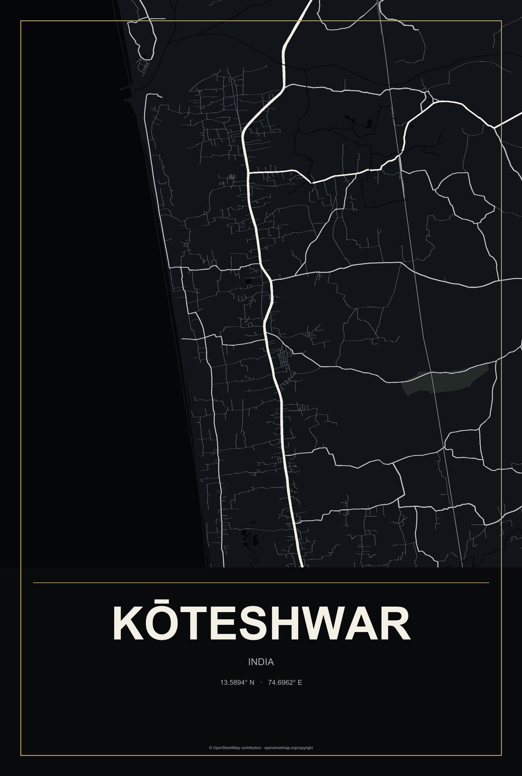 Kōteshwar, India City Map Aluminum Sign in Metropolitan Noir style