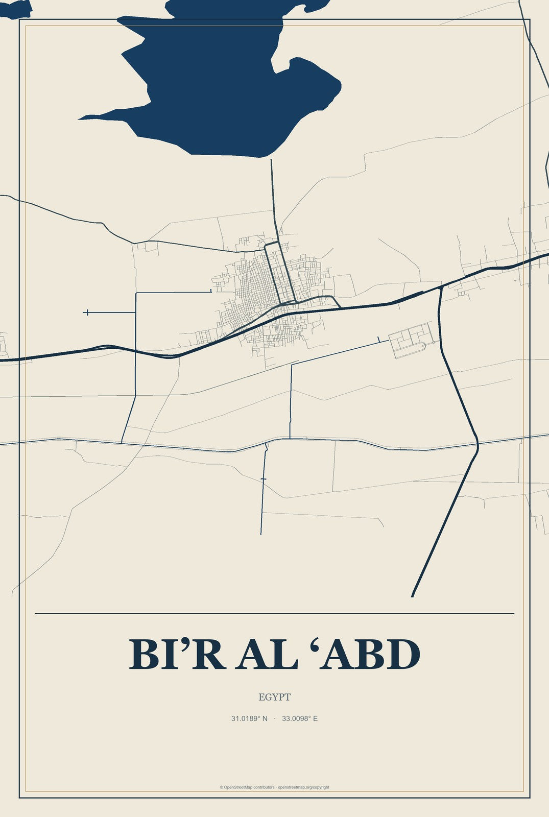 Bi’r al ‘Abd, Egypt City Map Aluminum Sign in Coastal Cutout style