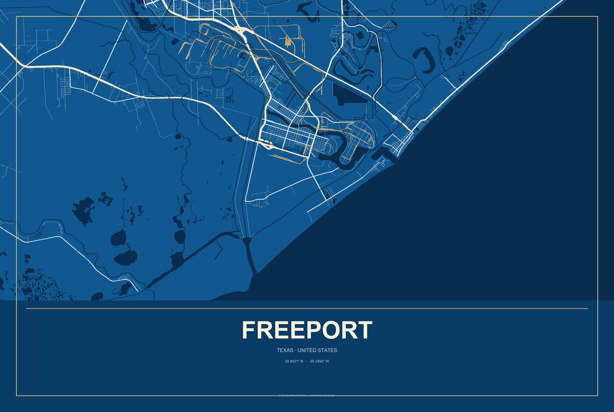 Freeport, Texas City Map Aluminum Sign in Harbor Cobalt style