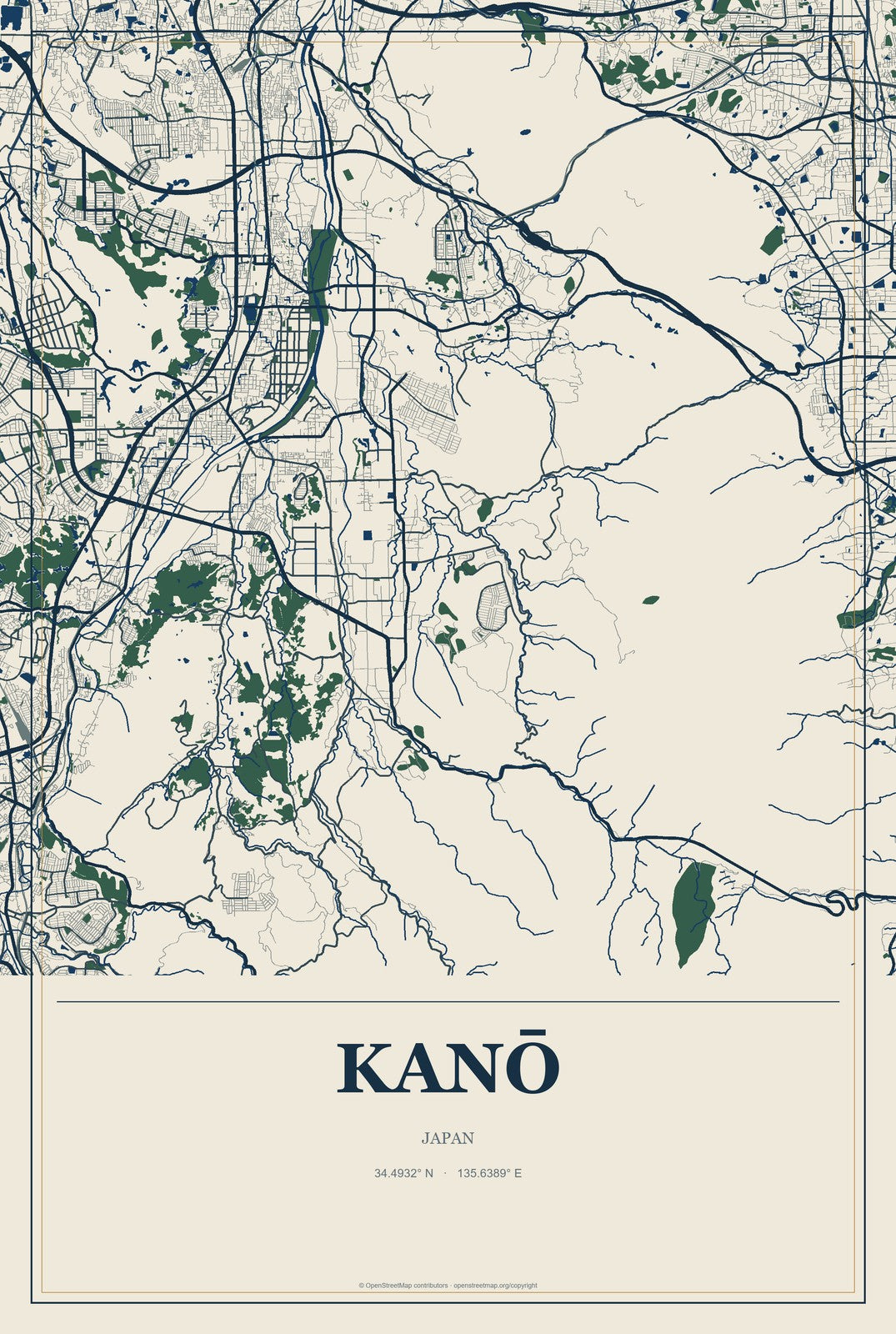 Kanō, Japan City Map Aluminum Sign in Coastal Cutout style