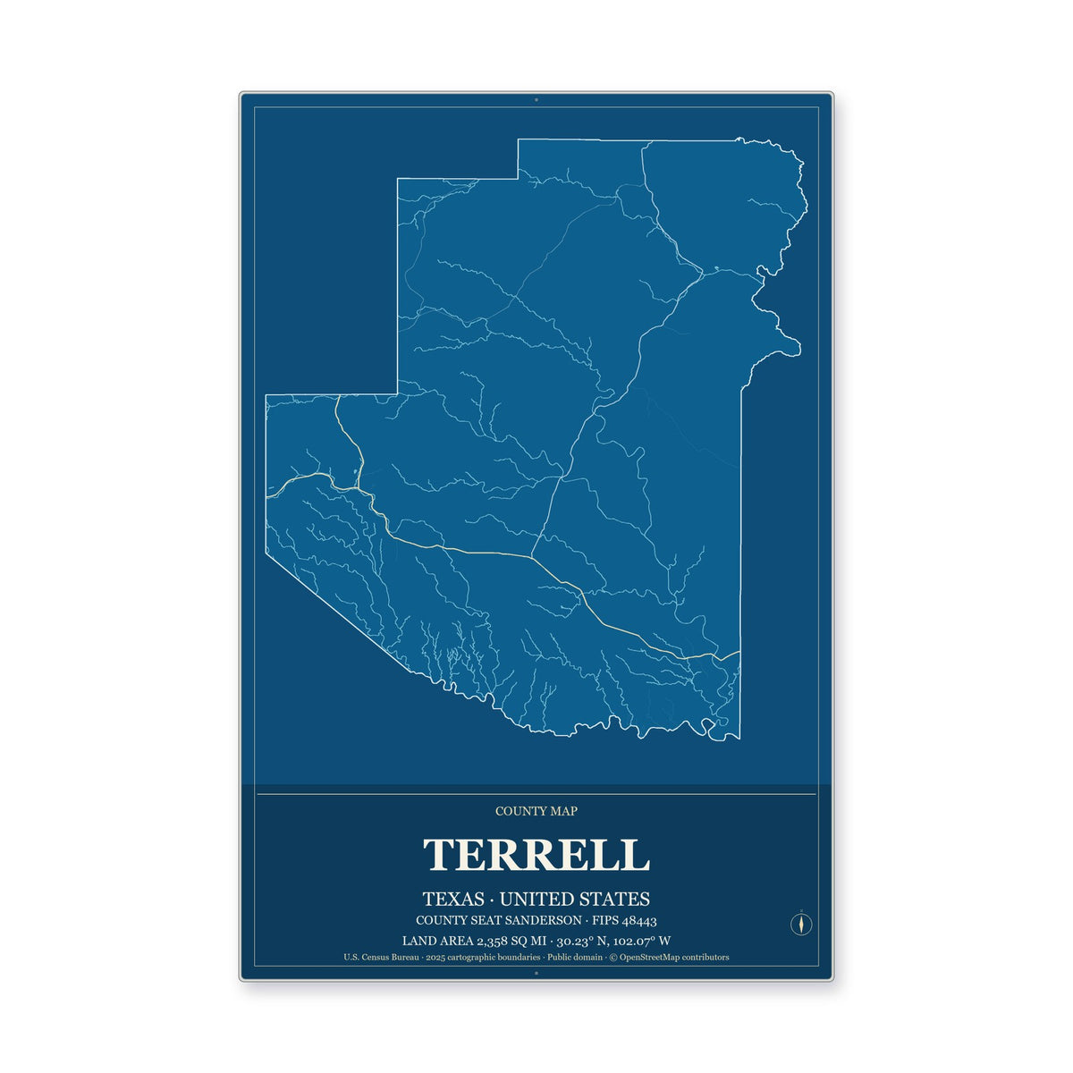 Terrell County, Texas Map Aluminum Sign in Harbor Cobalt style