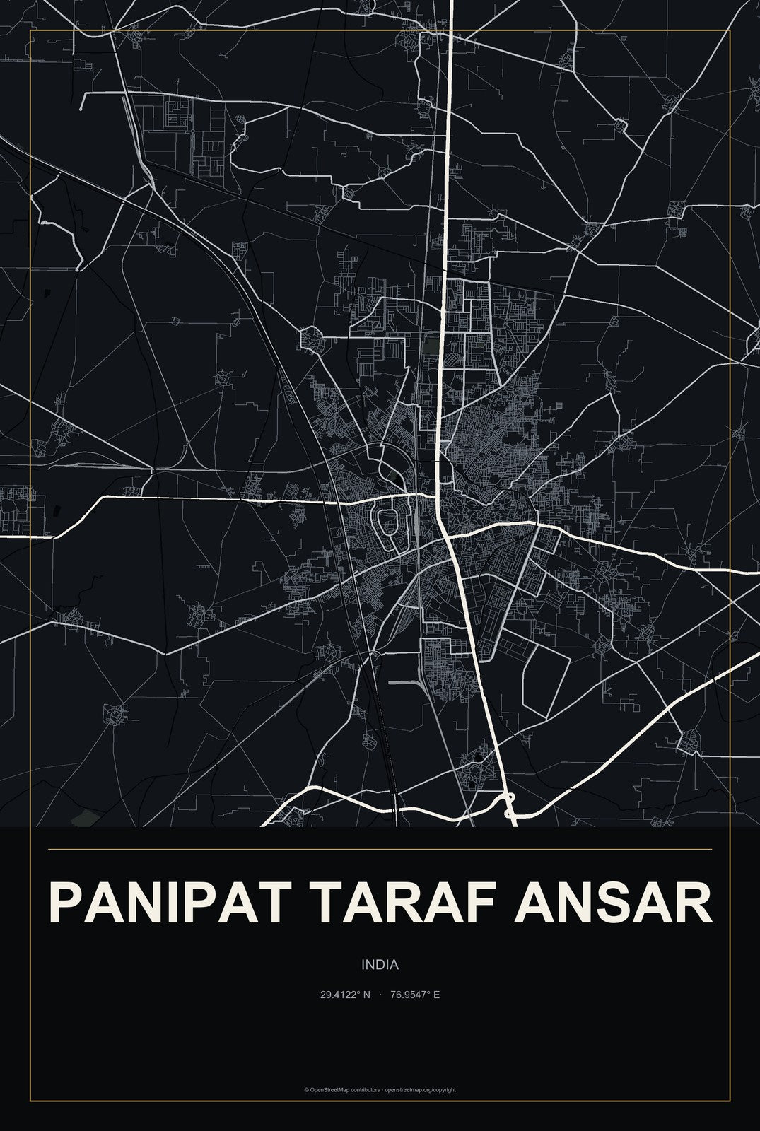 Panipat Taraf Ansar, India City Map Aluminum Sign in Metropolitan Noir style