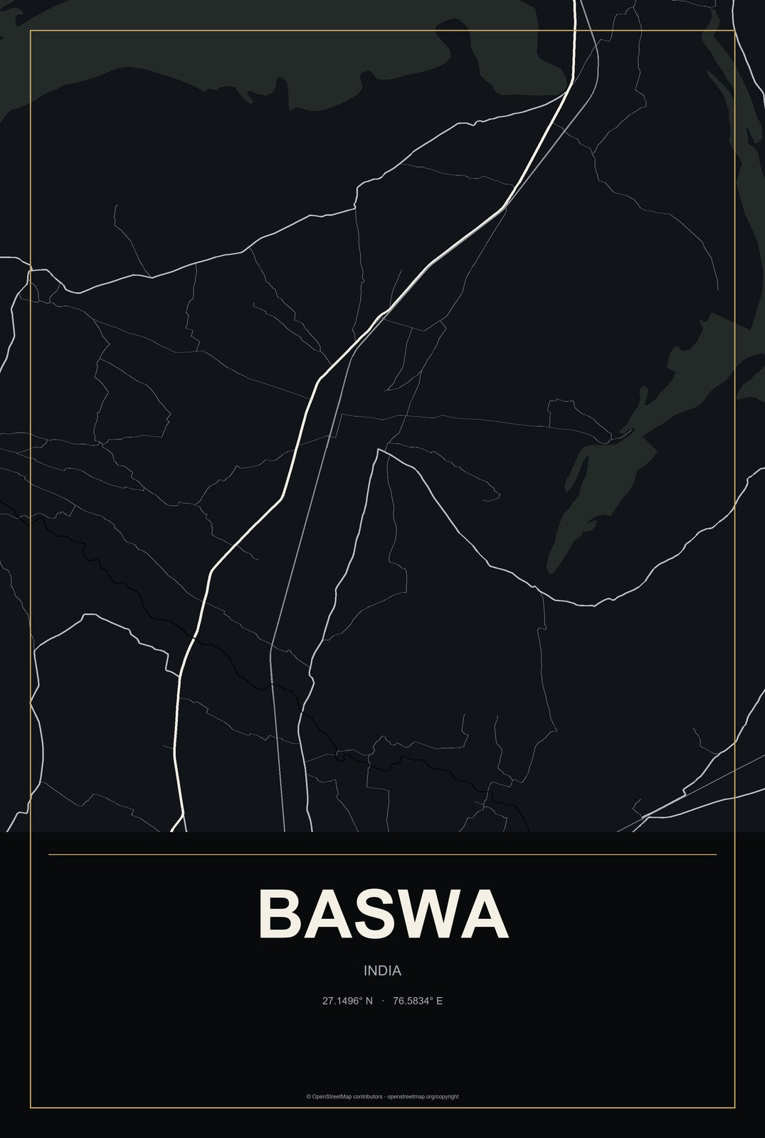 Baswa, India City Map Aluminum Sign in Metropolitan Noir style