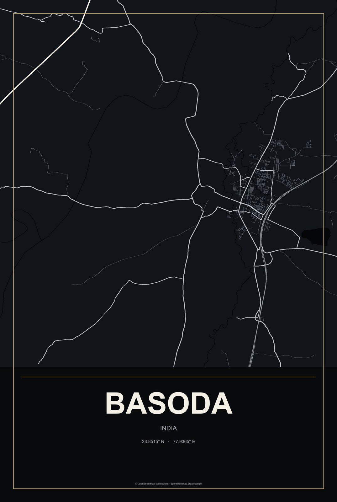 Basoda, India City Map Aluminum Sign in Metropolitan Noir style
