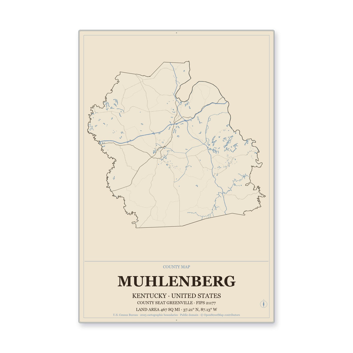 Muhlenberg County, Kentucky Map Aluminum Sign in Heritage Nautical style