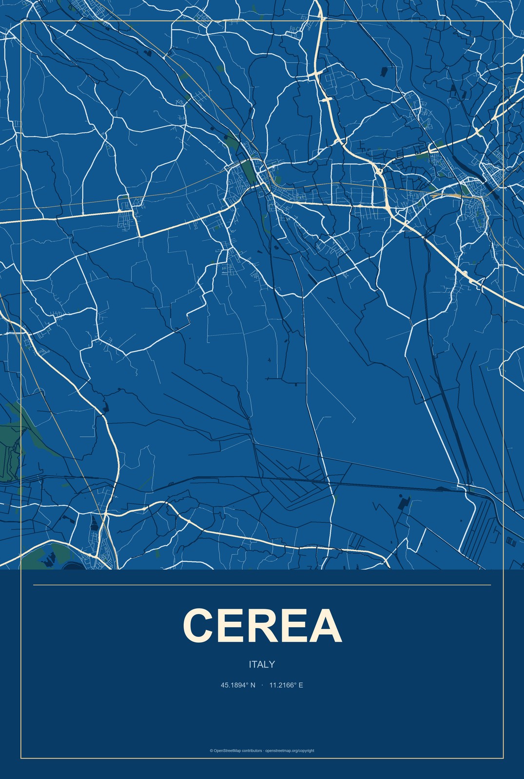 Cerea, Italy City Map Aluminum Sign in Harbor Cobalt style
