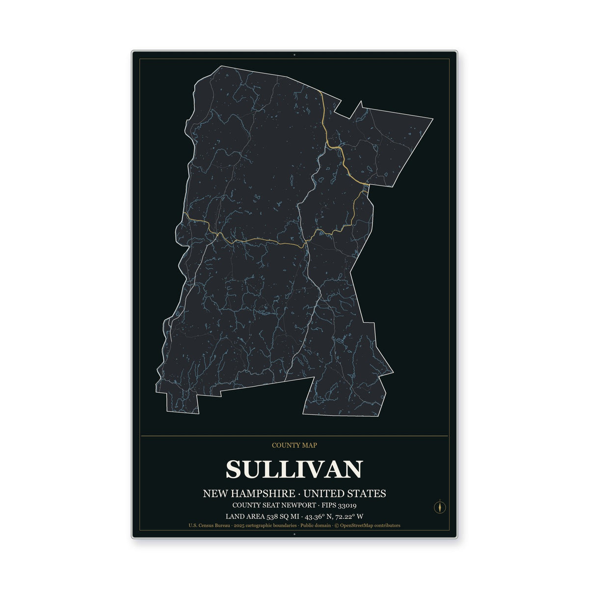 Sullivan County, New Hampshire Map Aluminum Sign in Metropolitan Noir style