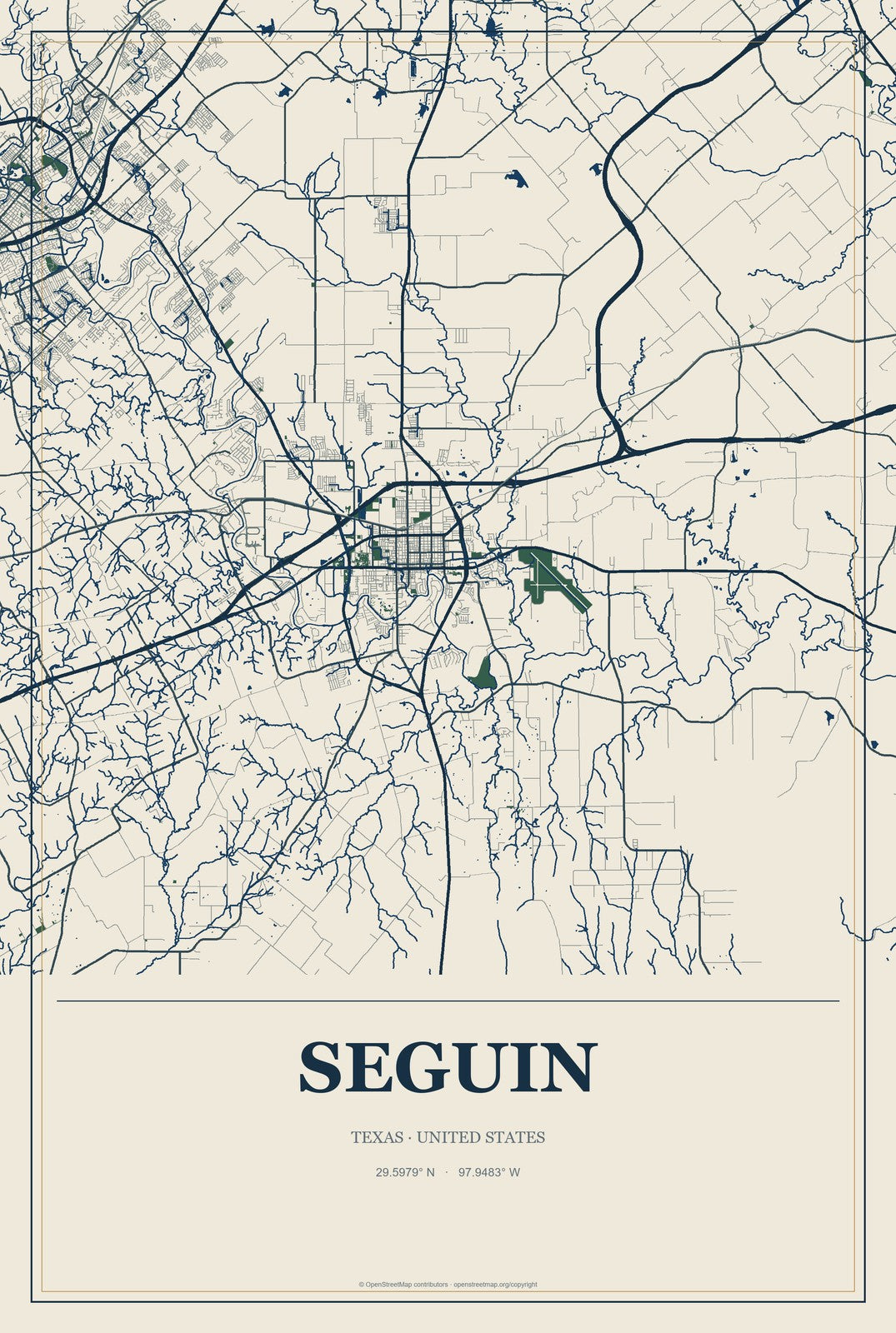 Seguin, Texas City Map Aluminum Sign in Coastal Cutout style