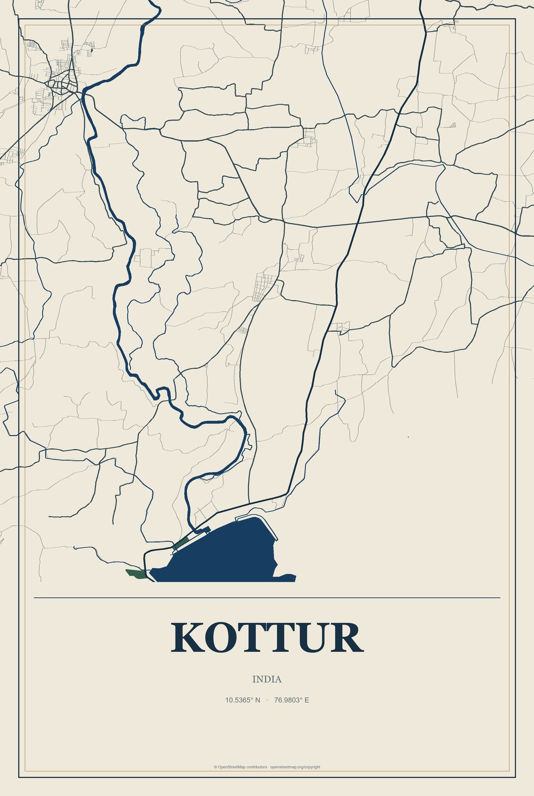 Kottur, India City Map Aluminum Sign in Coastal Cutout style