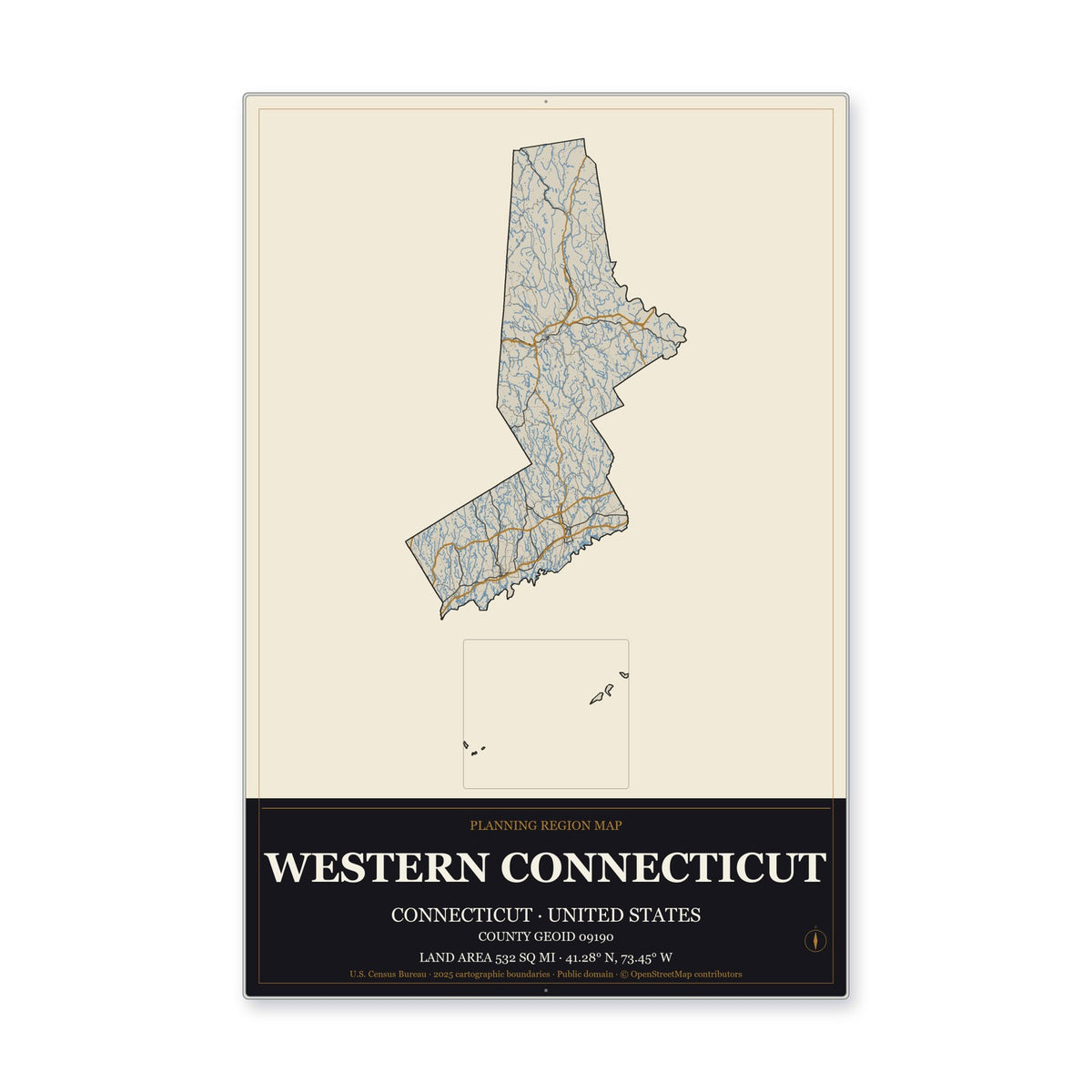 Western Connecticut Planning Region, Connecticut Map Aluminum Sign in Museum Plaque style