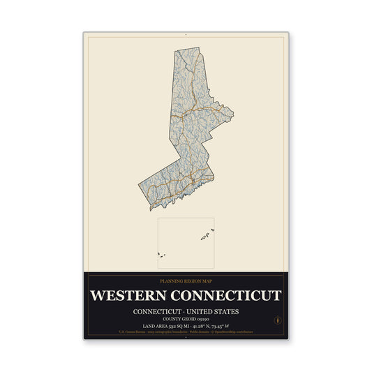Western Connecticut Planning Region, Connecticut Map Aluminum Sign in Museum Plaque style