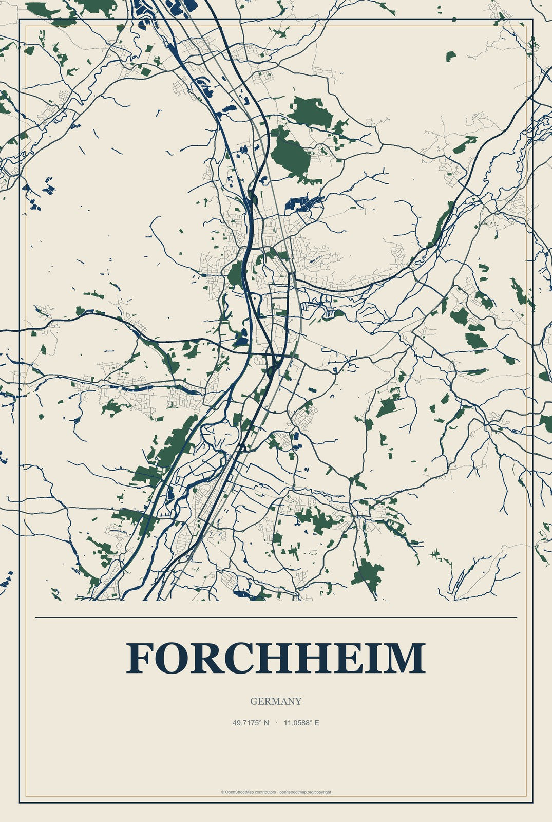 Forchheim, Germany City Map Aluminum Sign in Coastal Cutout style