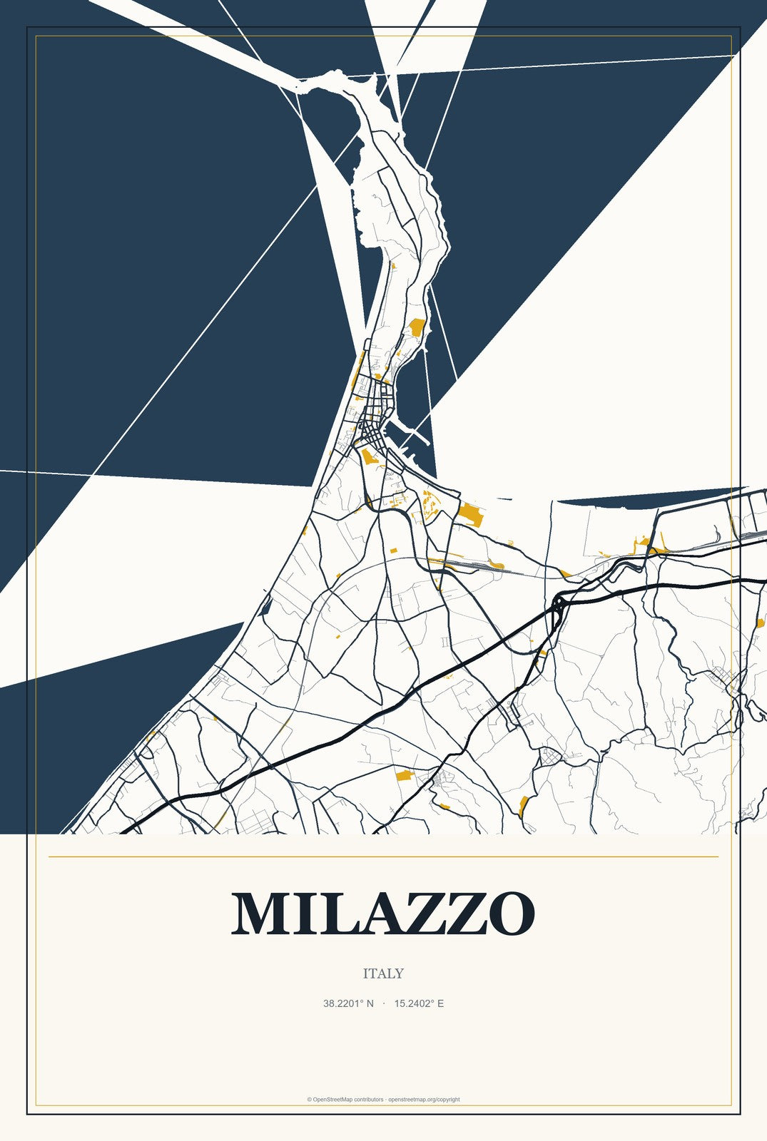 Milazzo, Italy City Map Aluminum Sign in Citrine Modern style