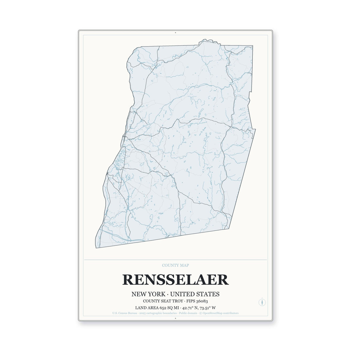 Rensselaer County, New York Map Aluminum Sign in Gallery Air style