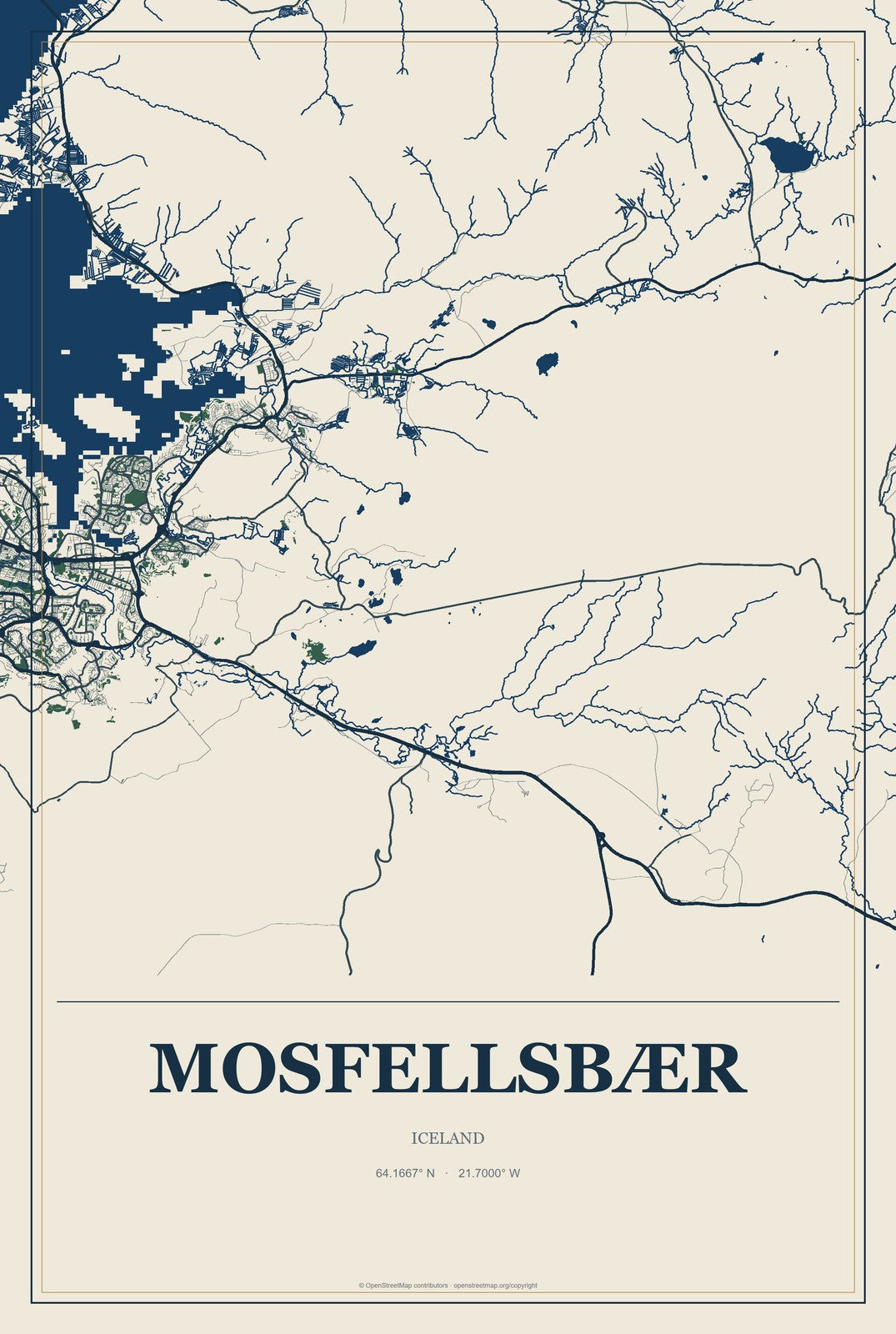 Mosfellsbær, Iceland City Map Aluminum Sign in Coastal Cutout style