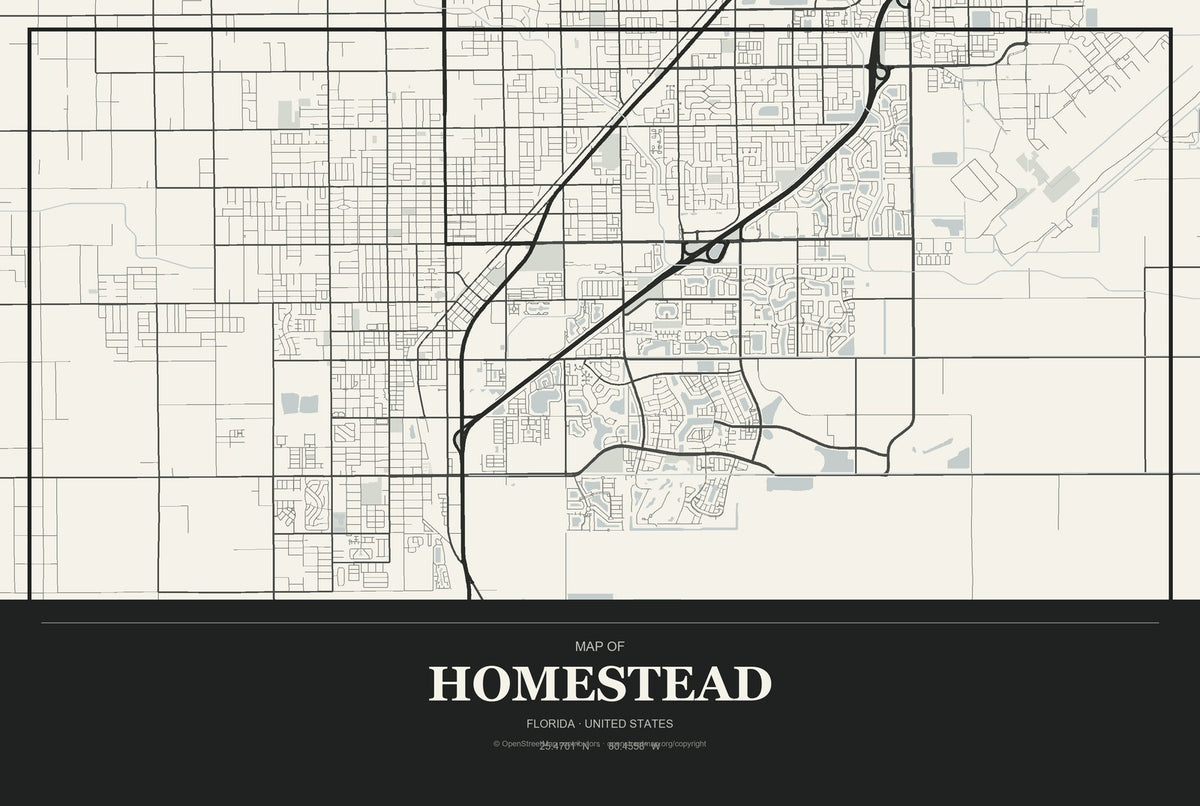 Homestead, Florida City Map Aluminum Sign in Museum Plaque style