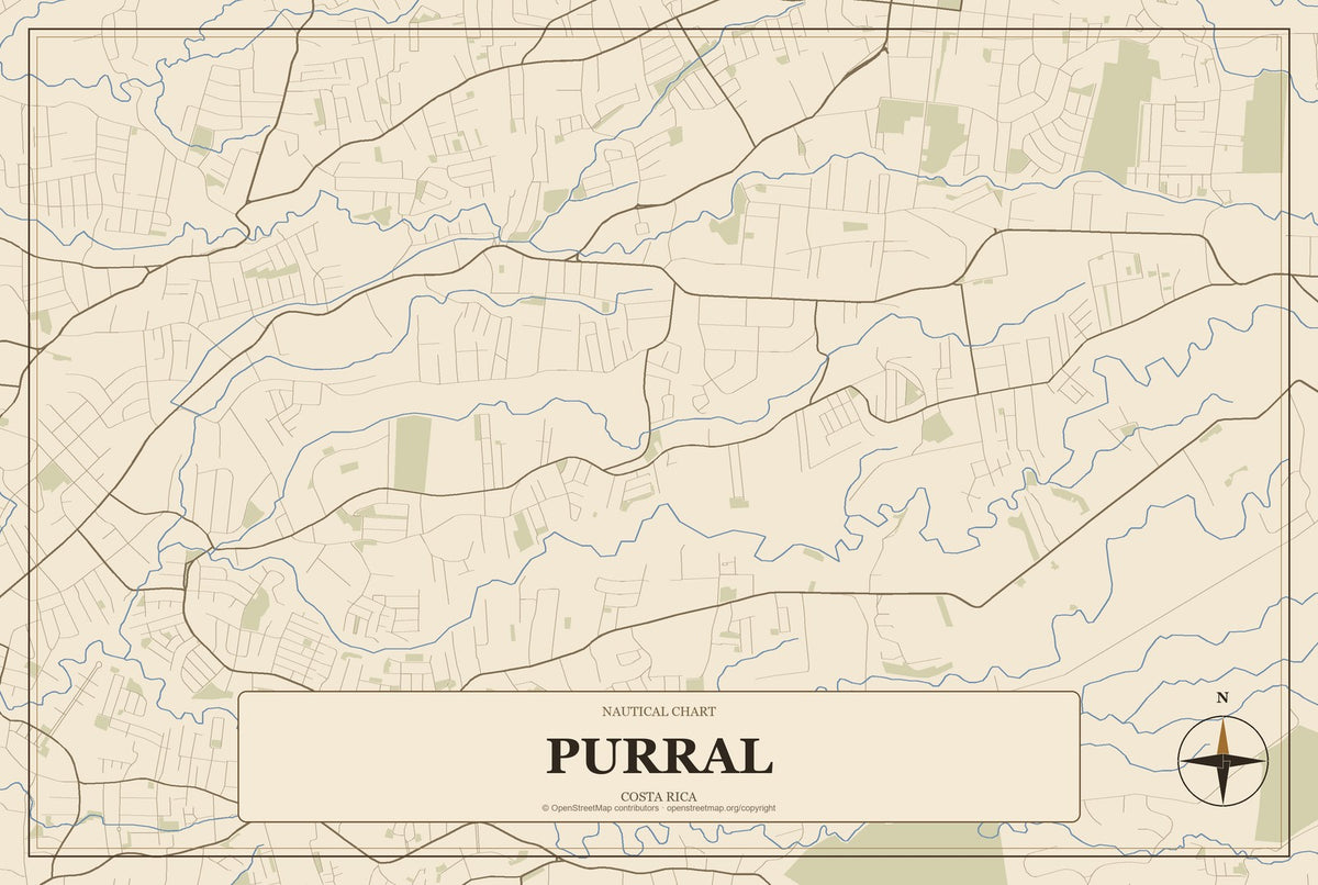 Purral, Costa Rica City Map Aluminum Sign in Heritage Nautical style