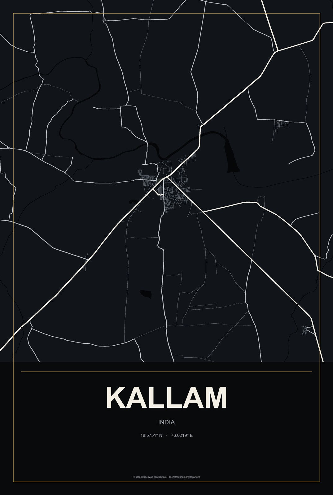 Kallam, India City Map Aluminum Sign in Metropolitan Noir style