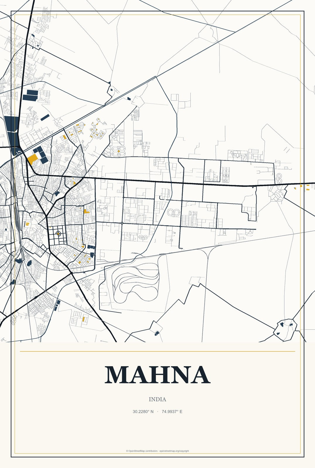 Mahna, India City Map Aluminum Sign in Citrine Modern style