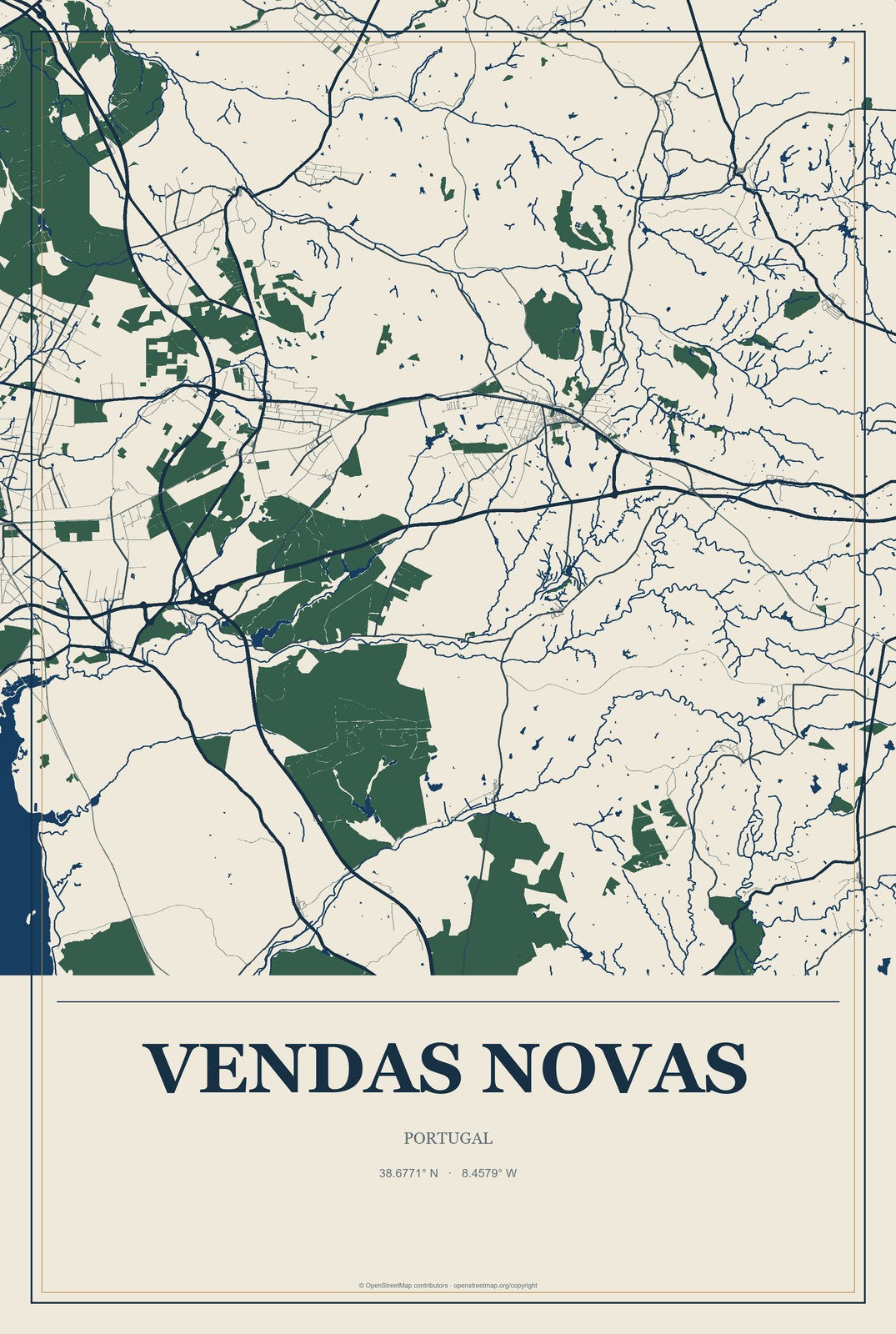 Vendas Novas, Portugal City Map Aluminum Sign in Coastal Cutout style