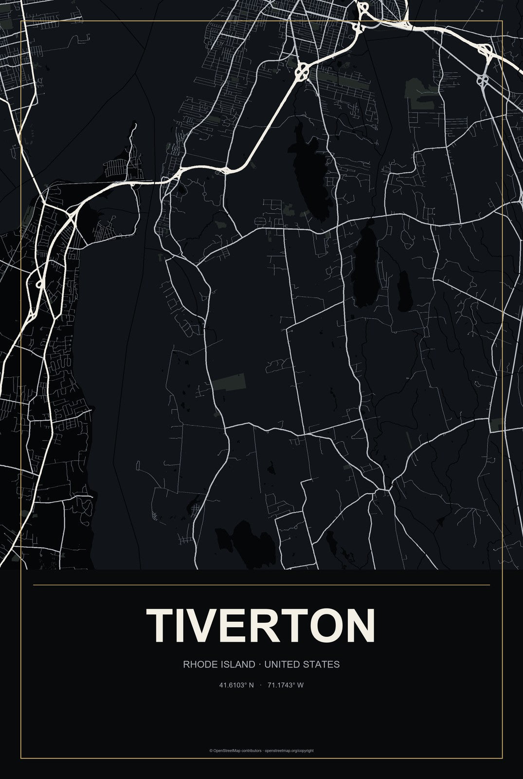 Tiverton, Rhode Island City Map Aluminum Sign in Metropolitan Noir style