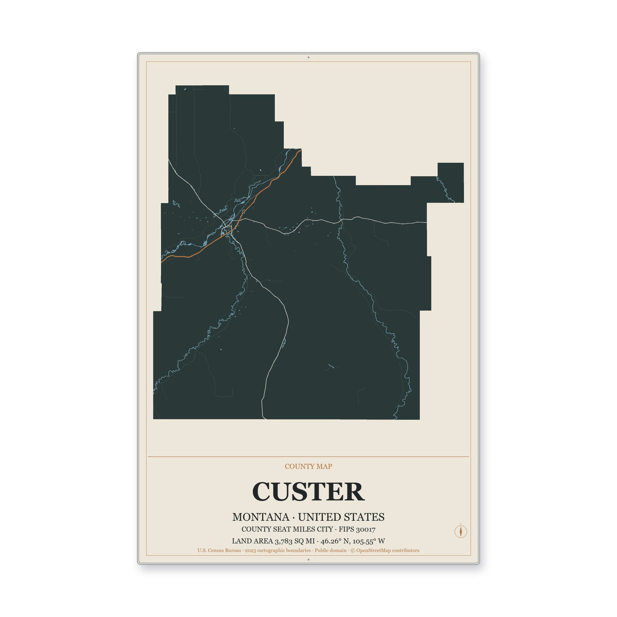 Custer County, Montana Map Aluminum Sign in Headline Atlas style
